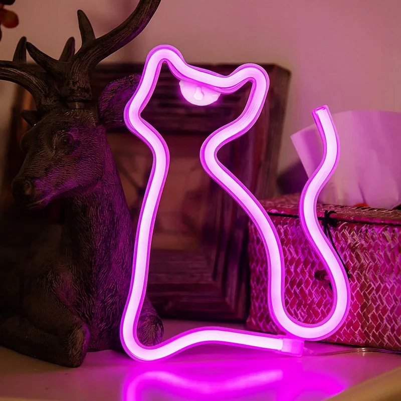 Cat Neon Light Sign LED Animal Figure Modeing Lamp Decoration Ornaments for Room Pet Shop Party Holiday USB and Battery Powered