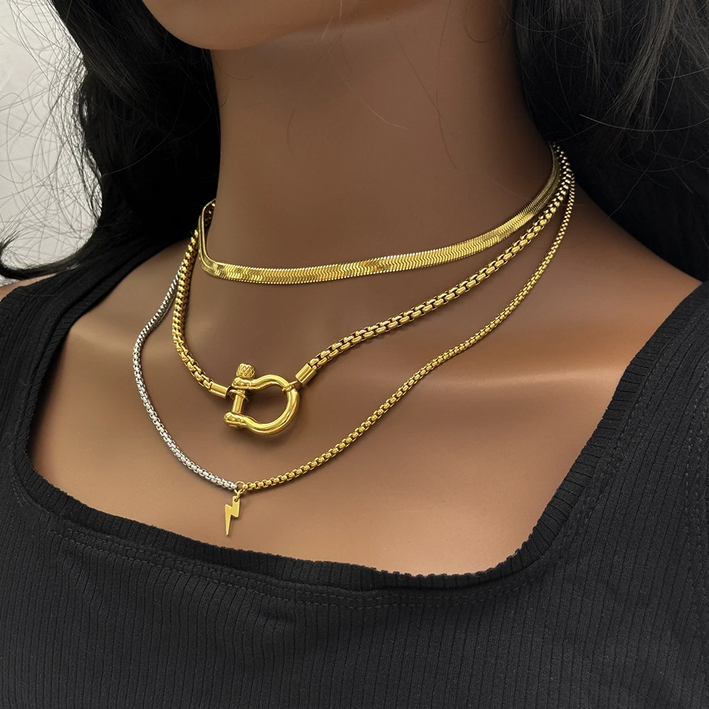 Waterproof Jewelry 18K Gold Plated Stainless Steel Box Chain Choker Necklace Double Color Chunky Horseshoe Necklace YF3097