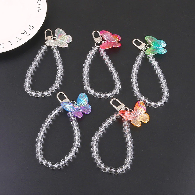 Y2K Butterfly Beaded Phone Lanyard Creative Bead Chain Keychain Wrist Band Colorful Acrylic Butterfly Bag Pendant Camera Charms