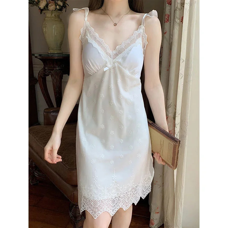 Sexy Dress Nightdress Women Summer Thin Slim Lace Hanging Nightdress Two Piece Set French Pajama Dress With Chest Pad Home