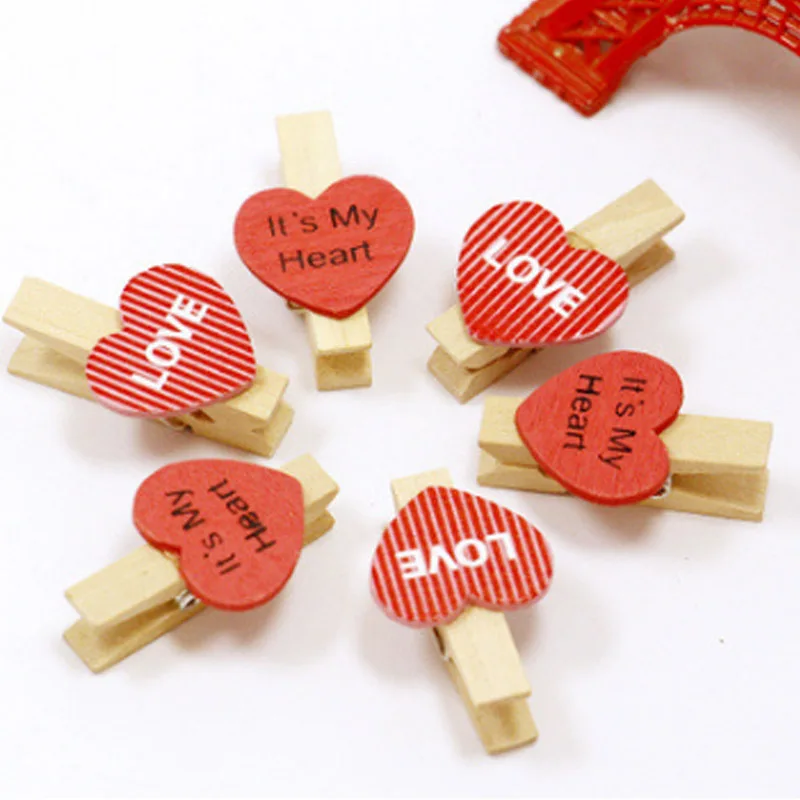 35x7mm 20pcs Wooden Red Love Heart Photo Clips Memo Paper Peg Clothespin Stationery Christmas Wedding Party Craft DIY Home Decor