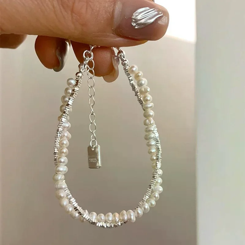 Double Layer Irregular Pearl Bracelet, Exquisite Beaded Chain Charm Wristband Gift For Women