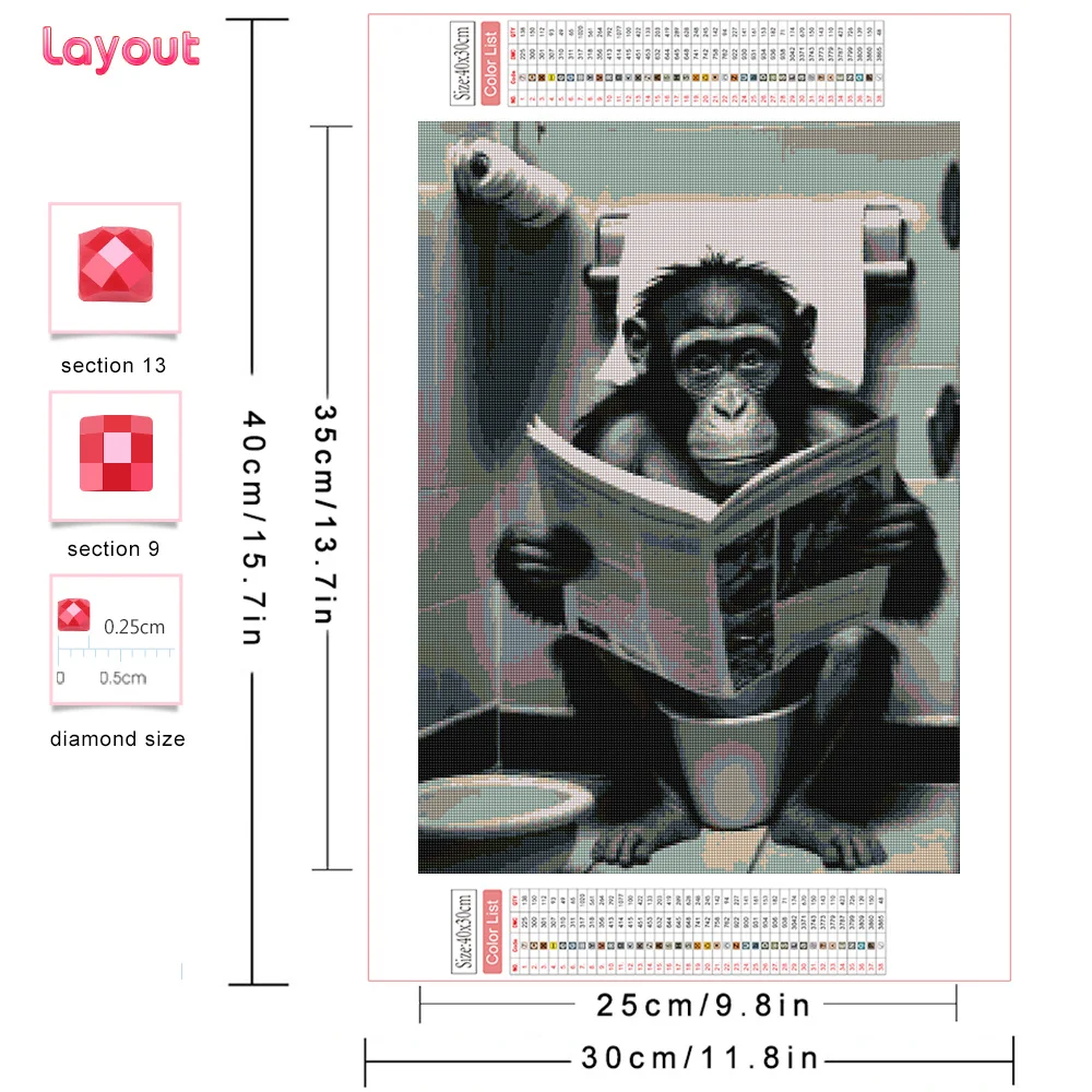 Huacan 5D DIY Diamond Painting Monkey Tiger Toilet Full Diamond Mosaic Animal Funny Bathroom Art Wall Decoration Craft Kit