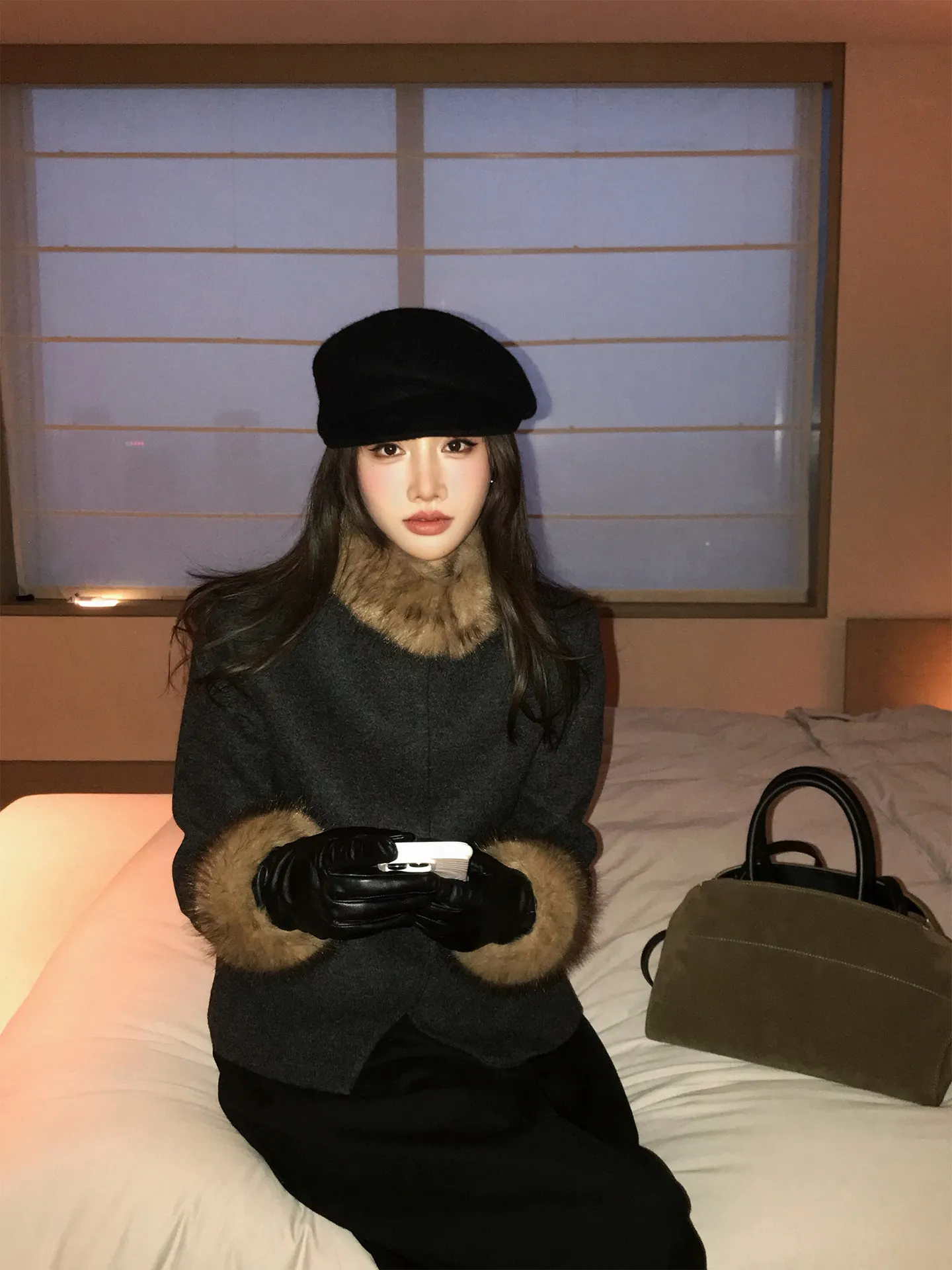 

Removable Fur Collar ort Coat for Women Slim Fit Luxury Sle Pure Color Button Closure Long Sve Polyester Fiber Coat