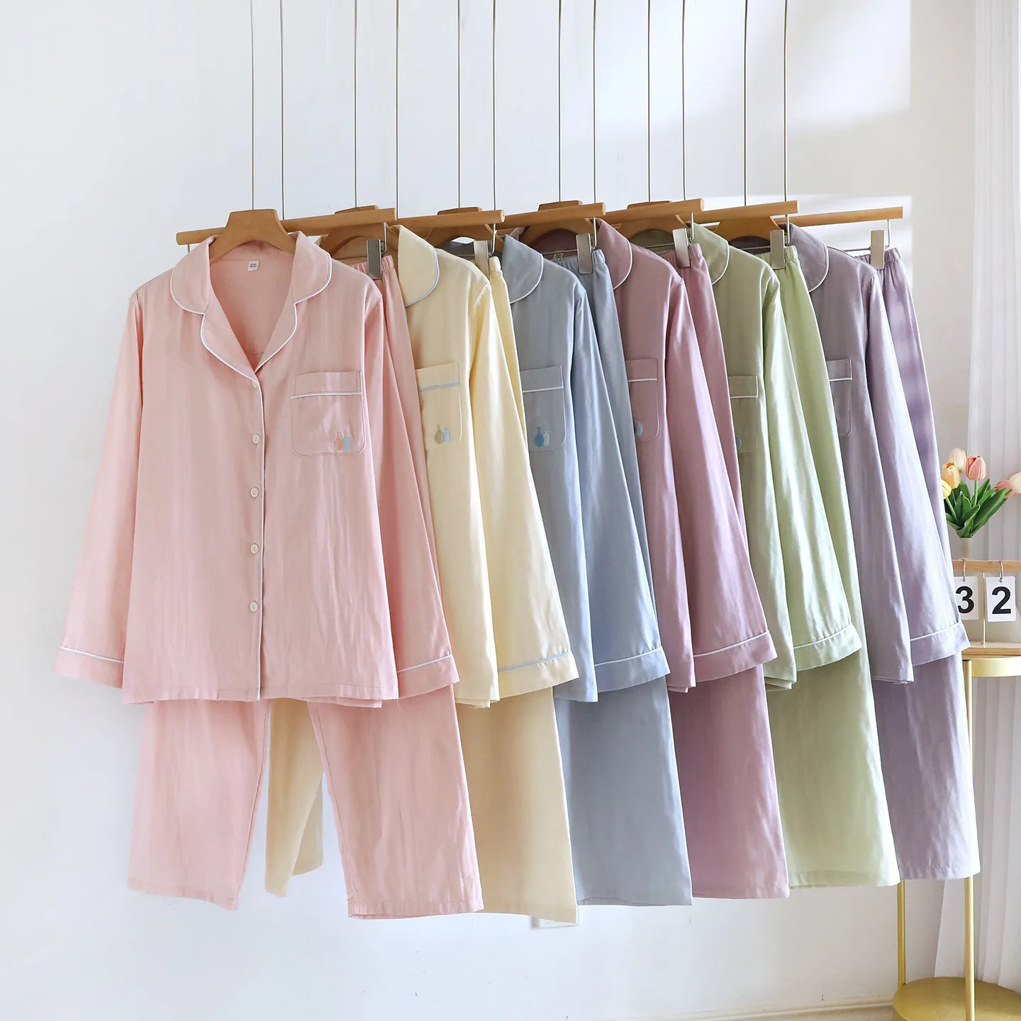 

2025 New Spring and Autumn Women's Pajama Set 100% Cotton Simple Long Sleeve Long Pants Two Piece Set Cardigan Home Clothes