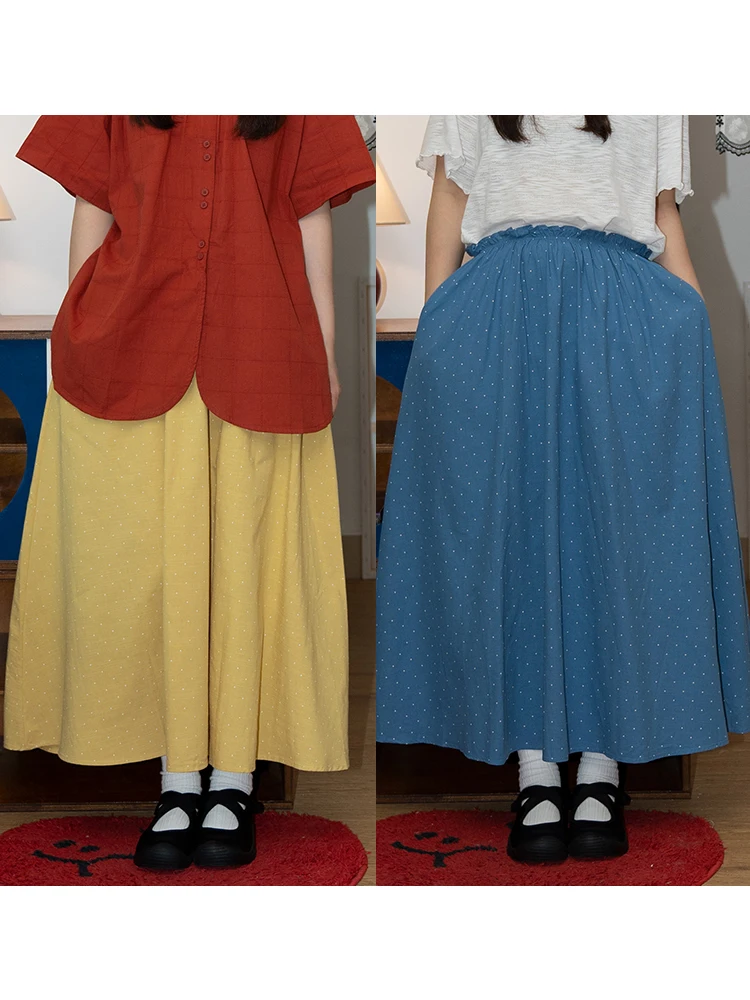 

Old Frie Polka Dot f Skirt Elastic Waist Lightweight Summer A-Line Skirt Large Hemline Versatile Cotton 00% Midi Skirt