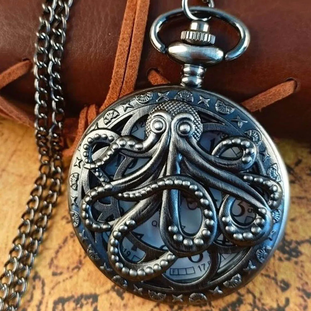 Vintage Holle Zwarte Bronzen Octopus Quartz Zakhorloge Met Ketting Ketting Cadeau Voor Mannen Vrouwen Chronograaf Hombre Relojes