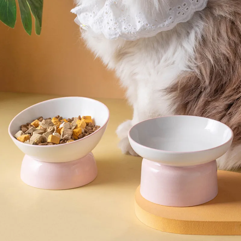 

Fashion Dog Cat Feeder High Foot Protection Cervical Neck Ceramic Bowl with Flat/Slant Mouth for Pet Supplies Accessories