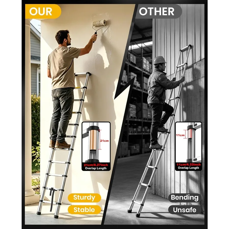 Telescoping Ladder, Aluminum Extension Ladder, One-Button Retraction Anti-Pinch, Heavy Duty 330LBS Capacity, for Home, Attic, R