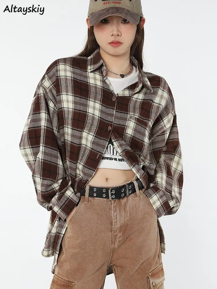 

Plaid Shirts Women Vintage Baggy Chic BF Korean Fashion Camisa Students Ulzzang All-match New Spring Lapel Streetwear Simple Ins