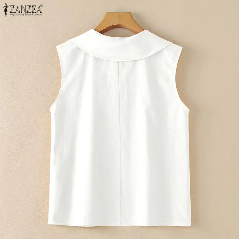 ZANZEA Woman Summer Cotton Linen Tank Tops Breathable Asymmetrical Peter Pan Collar Sleeveless Blouses Vintage Casual Clothes