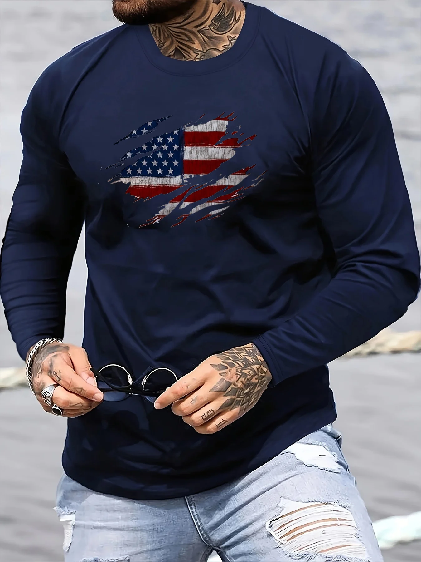 100% Pure Cotton Men's Long Sleeved Round Neck Loose Casual American Flag Pattern Printed Spring and Autumn Versatile T-Shirt