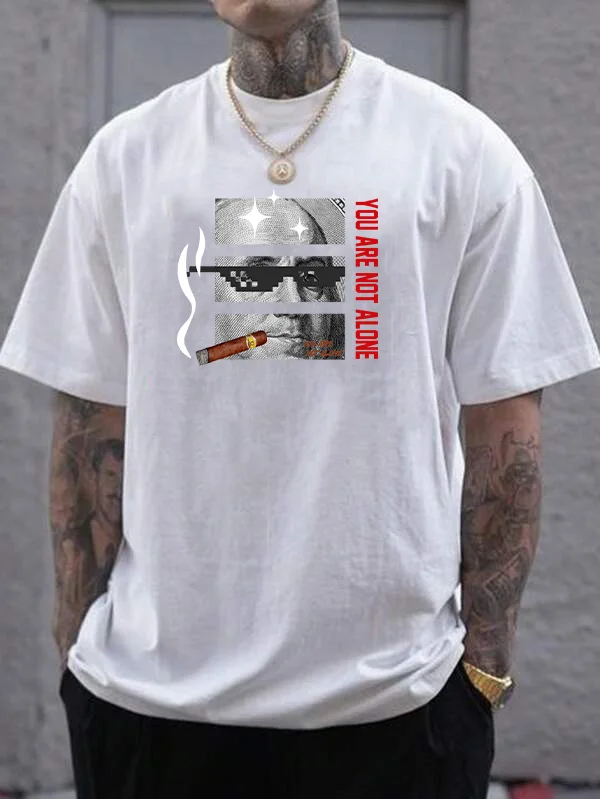 Men Oversized T Shirt Dollar Bill Cigar Pixel Sunglasses You Are Not Alone Print Crew Neck Short Sleeve Street Loose Tee