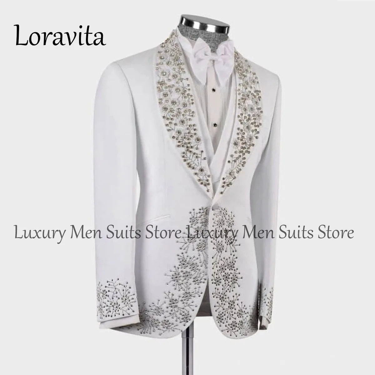 

Formal Crystal Men Suits Beaded Lapel Wedding Groom Tuxedos 3 Pieces Sets Male Prom Blazers Slim trajes elegante para hombres