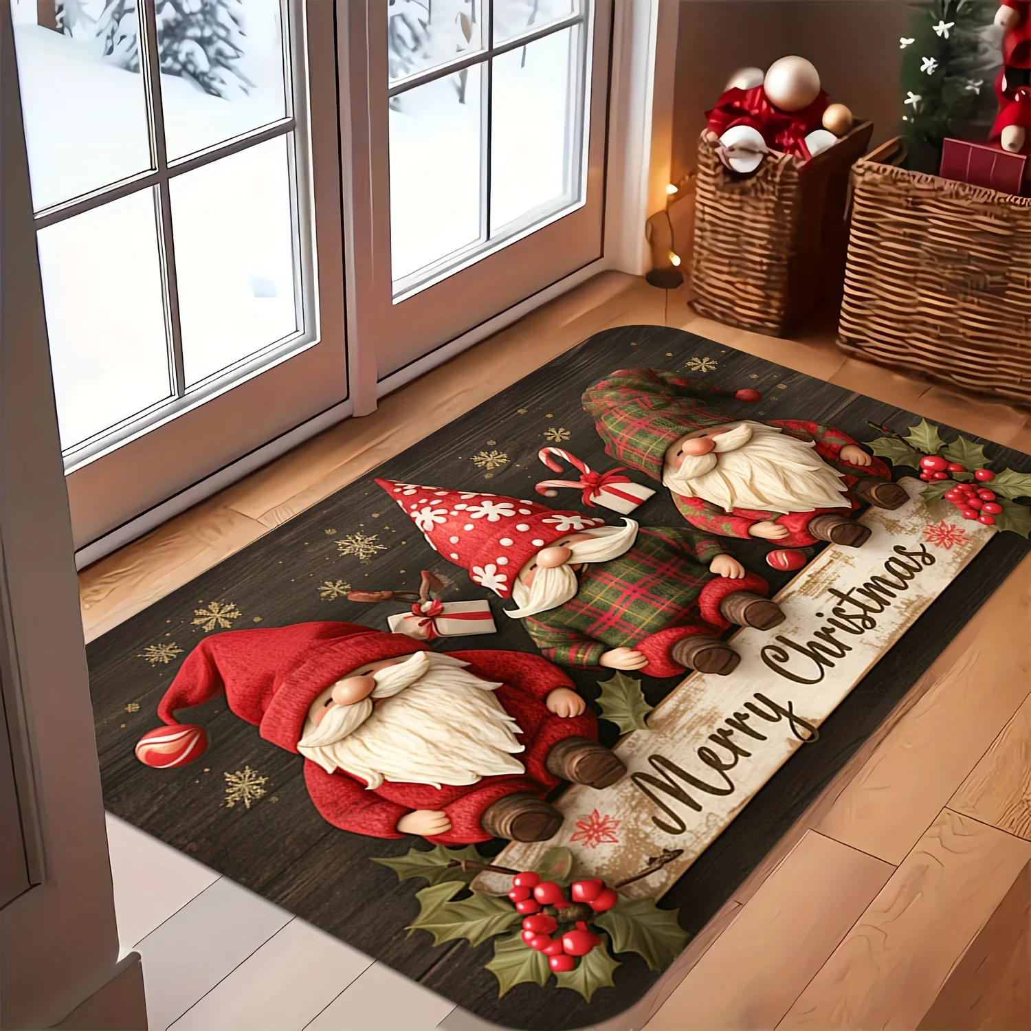 Christmas Gnome Checkered Doormat, Plush Machine  Rug, Holly Berry Design for Front Door, Living Room, Kitchen, Festive Decor