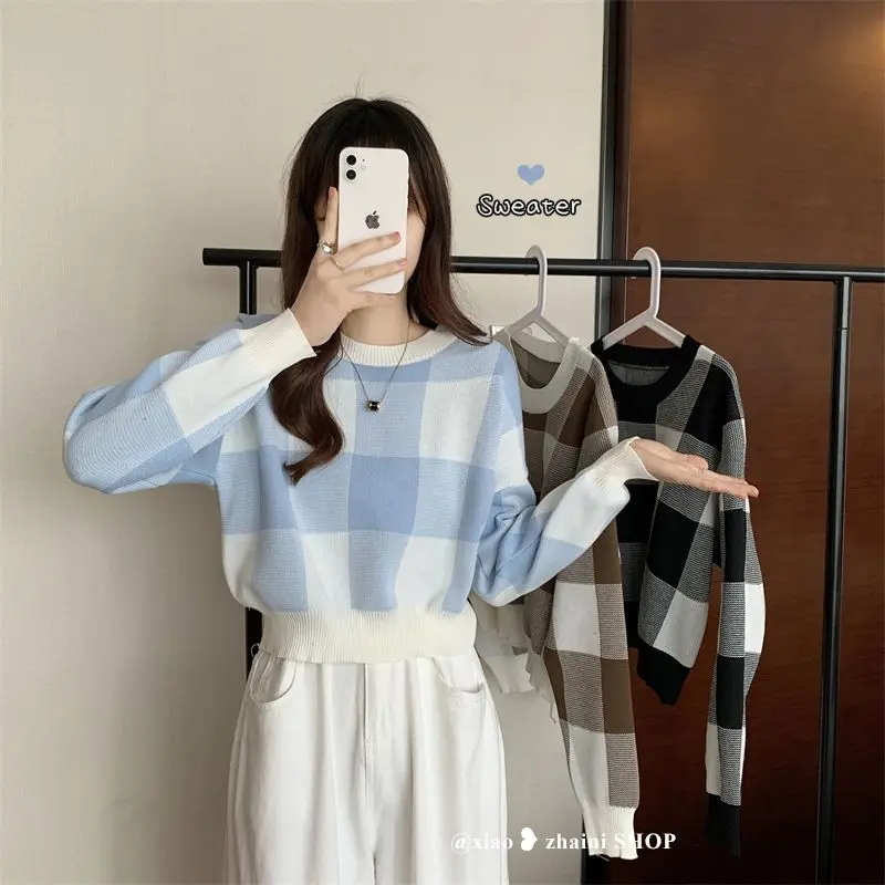 Pullover Kurze Ernte Runde O Neck Plaid frauen Pullover Moderne Lange Ärmel Stricken Tops für Frau Koreanische Mode Harajuku Streetwear