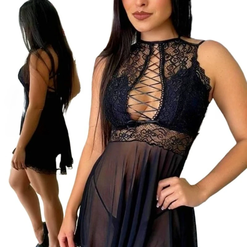 Sexy Lingerie  Women's Short Nightgown  Collar-neck Lace Trim Nightgown  Back-revealing Netted Nightgown  Sexy Bodysuit Lingerie
