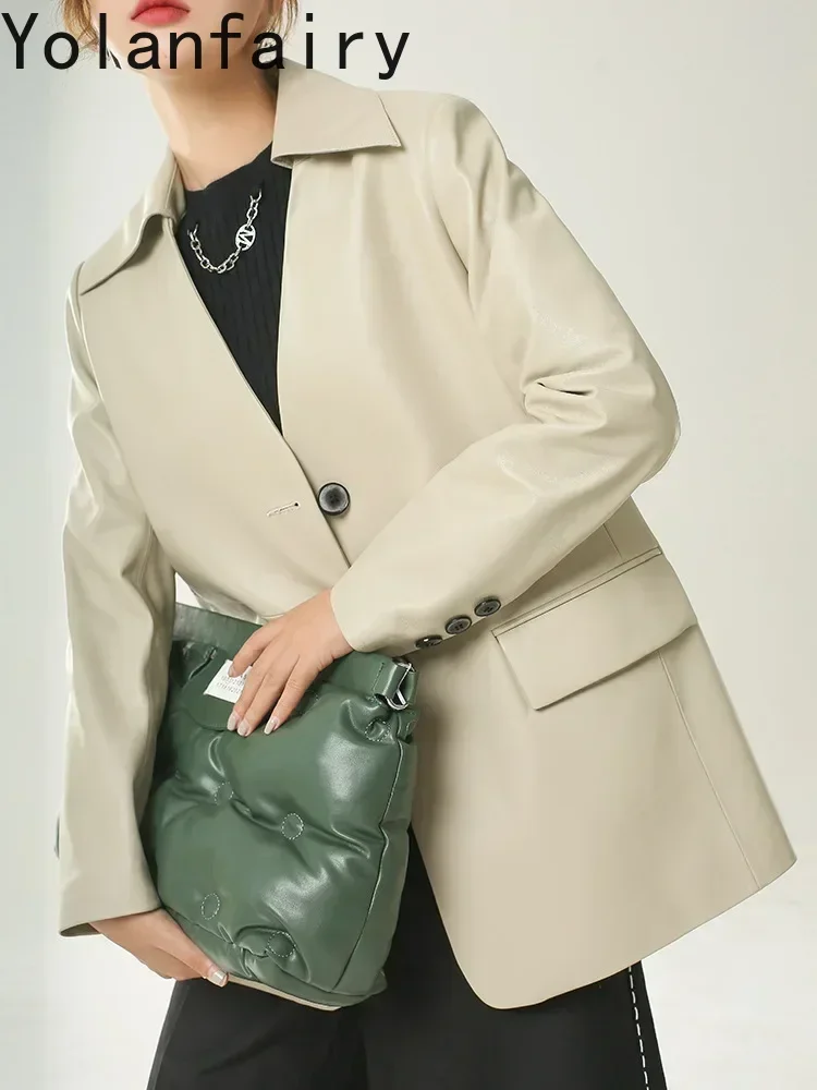 YOLANFAIRY سترة جلدية أصلية بطبقة علوية للنساء لربيع وخريف معاطف من جلد الغنم الحقيقي ملابس نسائية معطف بدلة بدون ياقة على الموضة