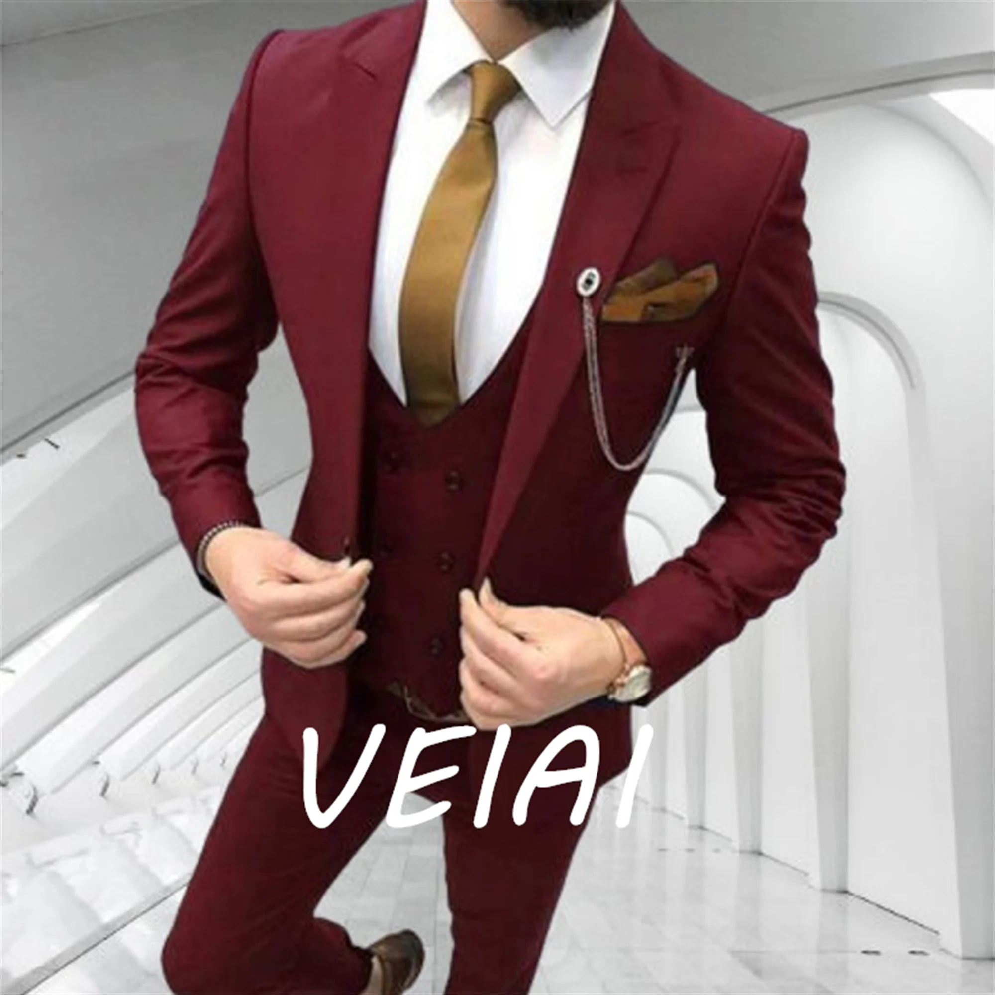 

CustomizedBurgundy Slim Fit Men Suits Casual Style Wedding Tuxedo for Groom 3 Piece Male Fashion Jacket with Pants Double Breast