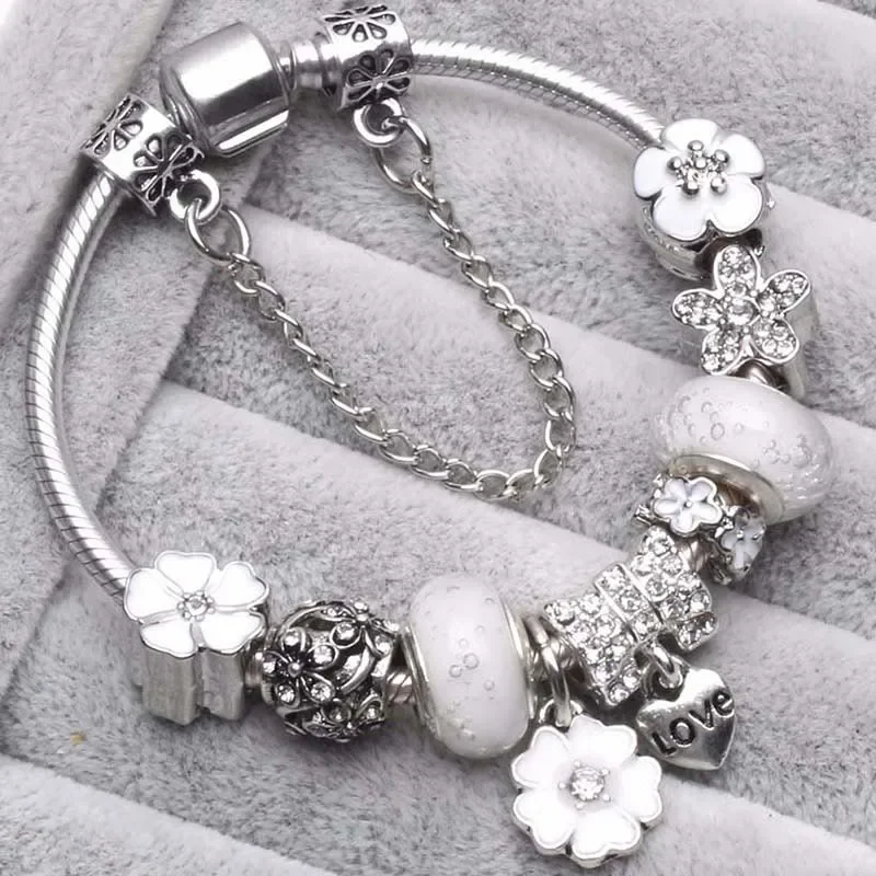 New 925 Sterling Silver Original Flower Beads Pan Dora Moments Bracelet Three Colors Shili Peach Blossom DIY Bracelet Jewelry