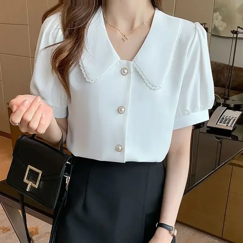 TPJB New Summer New Lace Doll Neck Chiffon Shirt Tops Puff Sleeve Loose Solid Color Blouse Simplicity Fashion Women Clothing