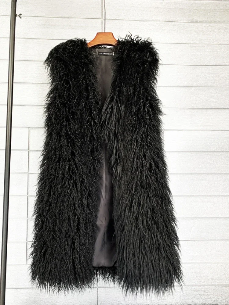 Mongolia Sheep Fur Women Long Vest Colorful Warm Faux Fur High Street Plush Coats Female Jacket Autumn Winter Furry Outerwear