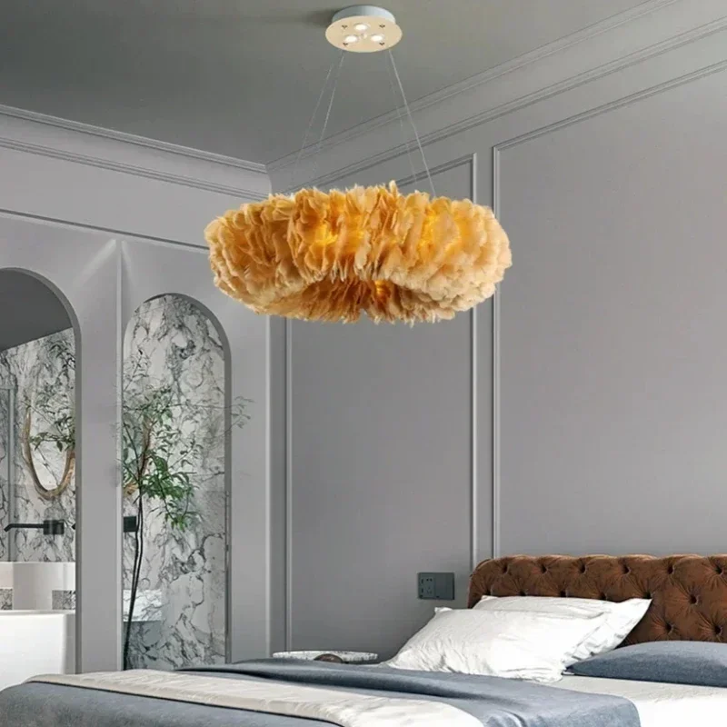 Feather Pendant Lamps Restaurant Marriage Bedroom Girl Child Chandelier Home Decor Lighting Suspension Design Lusters Luminaires