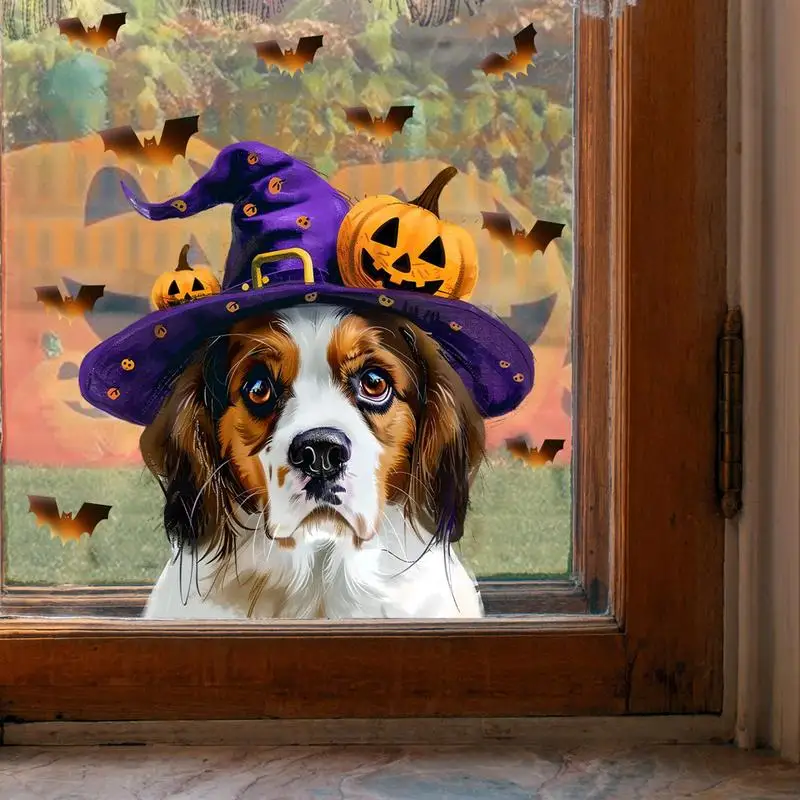 Halloween Window Decorations Fun Cartoon Dog Bats Wall Decal Double-Sided Visibility Wallpaper Murals Dog Art Removable Poster