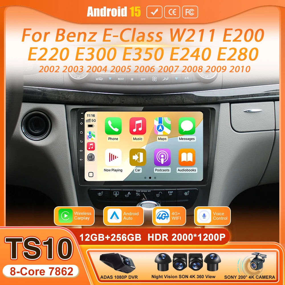 2K Screen Android 15 Carplay Auto Multimedia Player for Mercedes Benz E-class W211 2002 - 2008 2din Autoradio Stereo Navigation