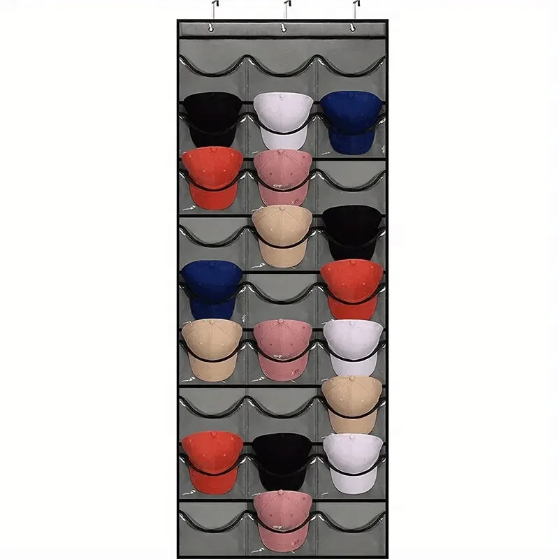 Clear over the Door Hat Rack Organizer with 27 Pockets And 3 Hooks Storage for Baseball Caps And Other Accessories