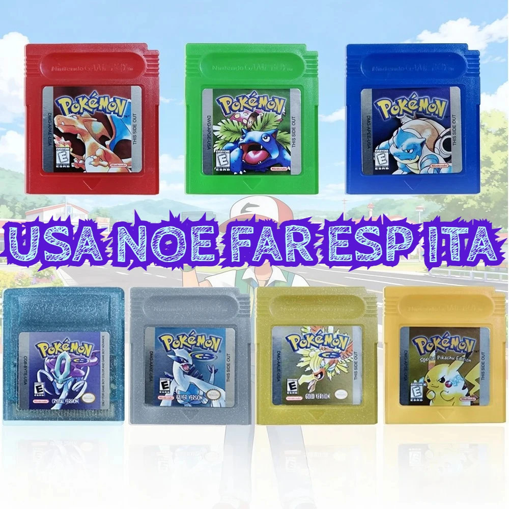 Cartucho de Videojuego GBC de 16 bits, Tarjeta de Consola Pokemon Rojo, Azul, Cristal, Dorado, Verde, Plateado, Amarillo con Múltiples Idiomas