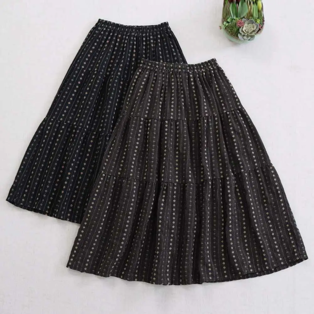 일본 모리 걸 빈티지 자카드 자수 스트라이프 코튼 스커트 여성 봄 신축성 있는 허리 캐주얼 루즈 A라인 미디 스커트