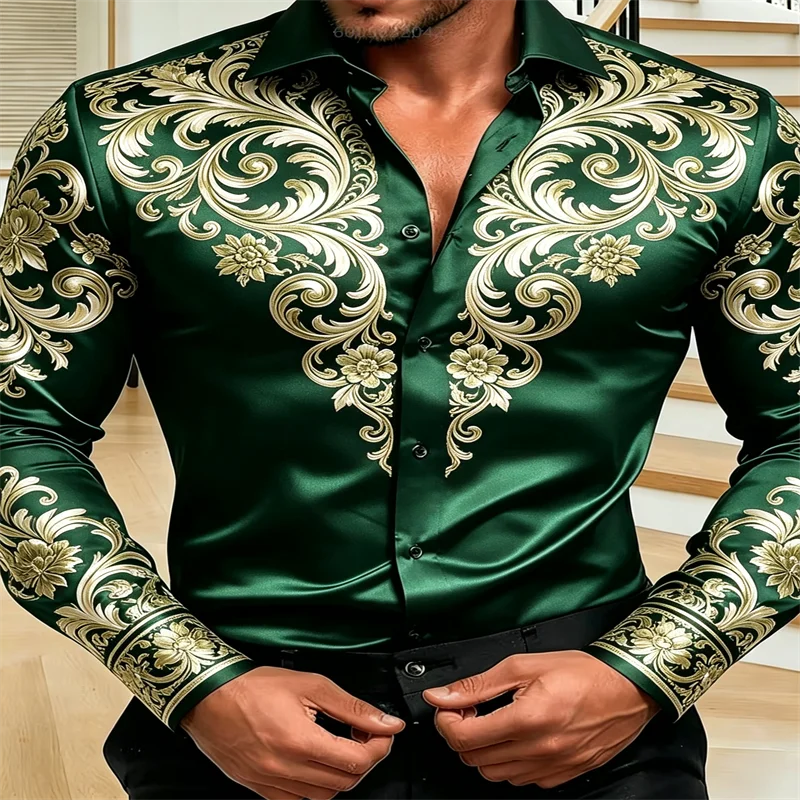 Men Silky Satin Button‑Down Shirt Vintage Baroque Golden Floral Pattern Long Sleeve Turn‑Down Collar Male Party Business Casual