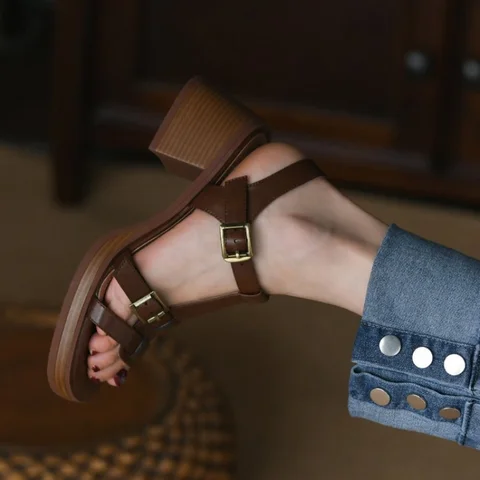 Roman Sandals Women's Middle Heels 2023 Summer New Fashion Waterproof Platform Open Toe High Heels Thick Heels Single Shoes