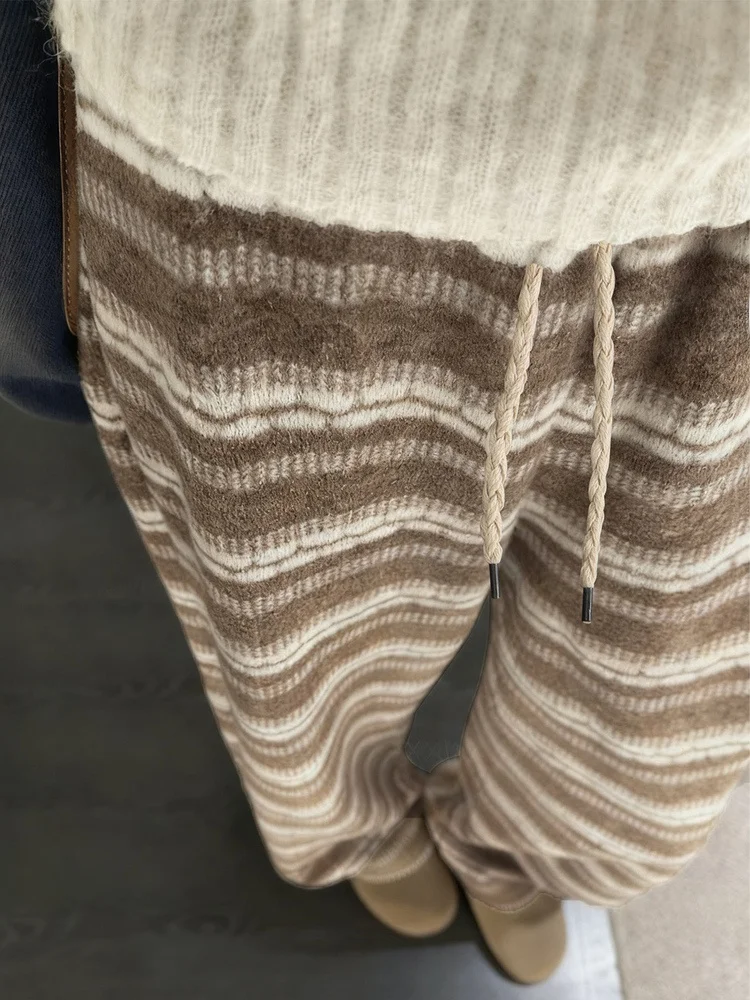 페어 아일 니트 와이드 레그 팬츠 여성용 겨울 루즈핏 기모 안감 트위드 스트라이프 캐주얼 스트레이트 레그 바지