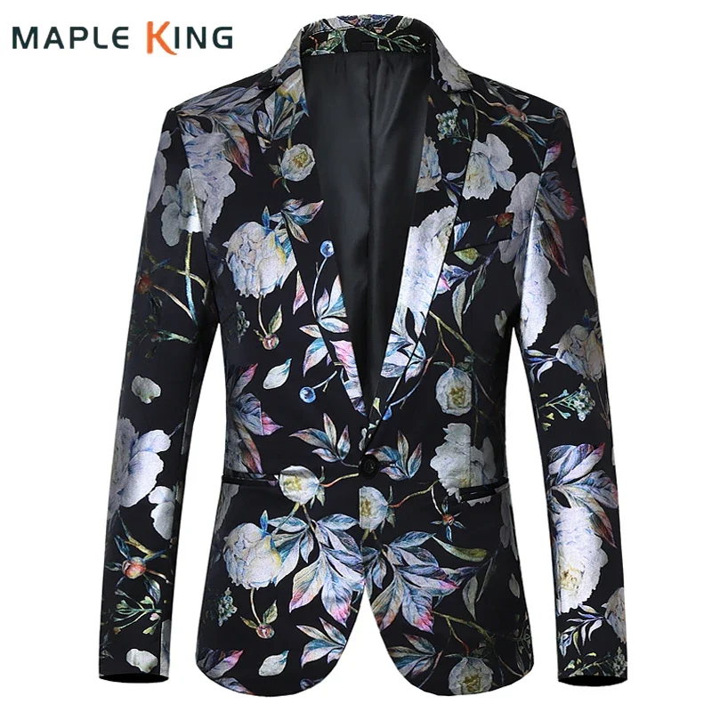 New in Suits Blazers Blazer Coat Men Floral Print Navy Black White Fatos Masculinos Modernos Vintage Mens Blazer Luxe Homme 6XL