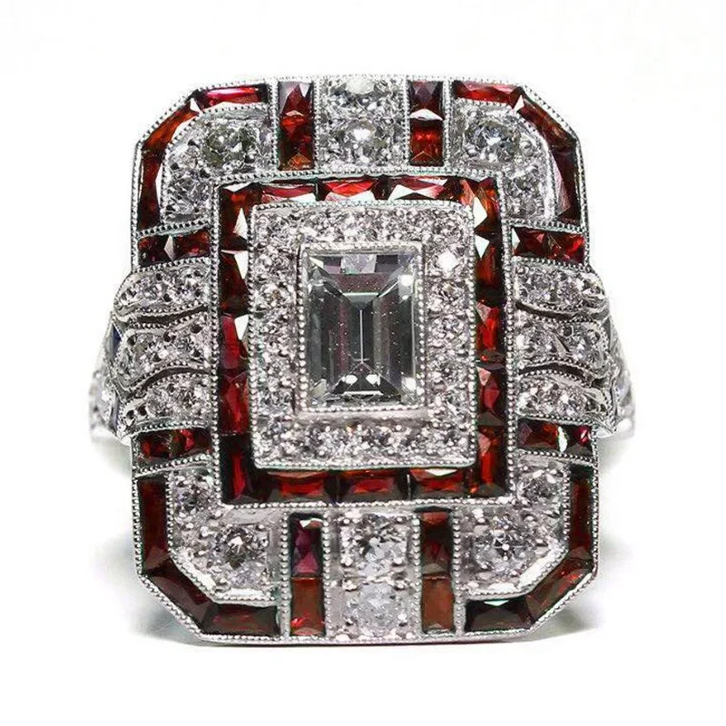 Elegant luxury retro ethnic style four-color square ring slightly inlaid with artificial zircon jewelry