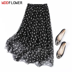 Women Silk Skirt 100% Mulberry Silk Black Heart Printed Long Type Skirt With Double Lining Summer Beach Big Hem M1181