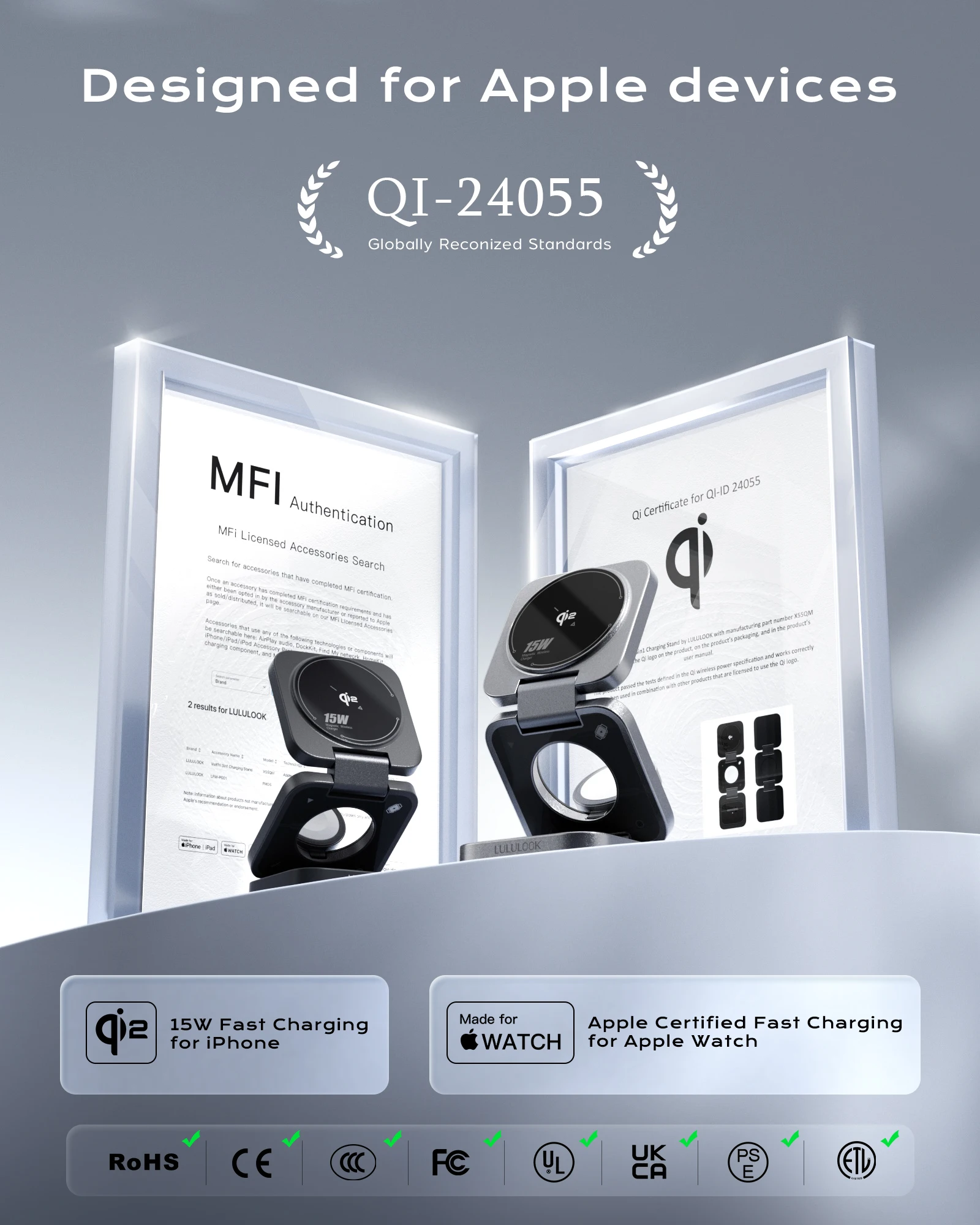 Qi2 MFi 3 in 1 Charging Station for Apple,Travel Wireless Charger 15W for iPhone Watch Airpods,Made for Watch and Qi2 Certified