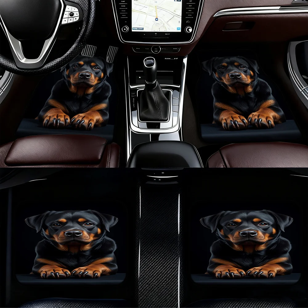 4pcs Auto Mats, Compatible With Sedans Or Crossovers, Featuring Rottweiler Dog Portrait Motif With Convenient Cleaning Benefits