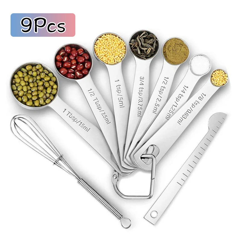 9Pcs Measuring Spoon Set With Mini Whisk Ruler Stainless Steel Seasoning Spoon Coffee Tea Scoop Stackable Kitchen Measuring Tool