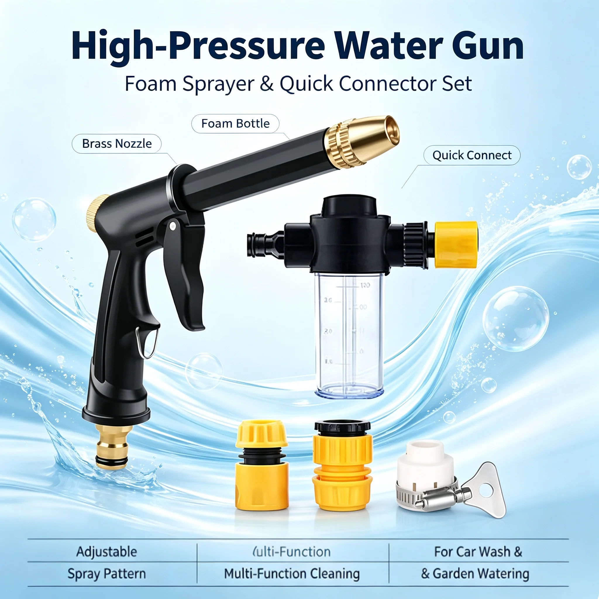 Pressure Car Wash Water Gun Foam Bottle Sprayer Adjustable Nozzle Garden Irrigation Hose Quick Connect Connector CleaningTool