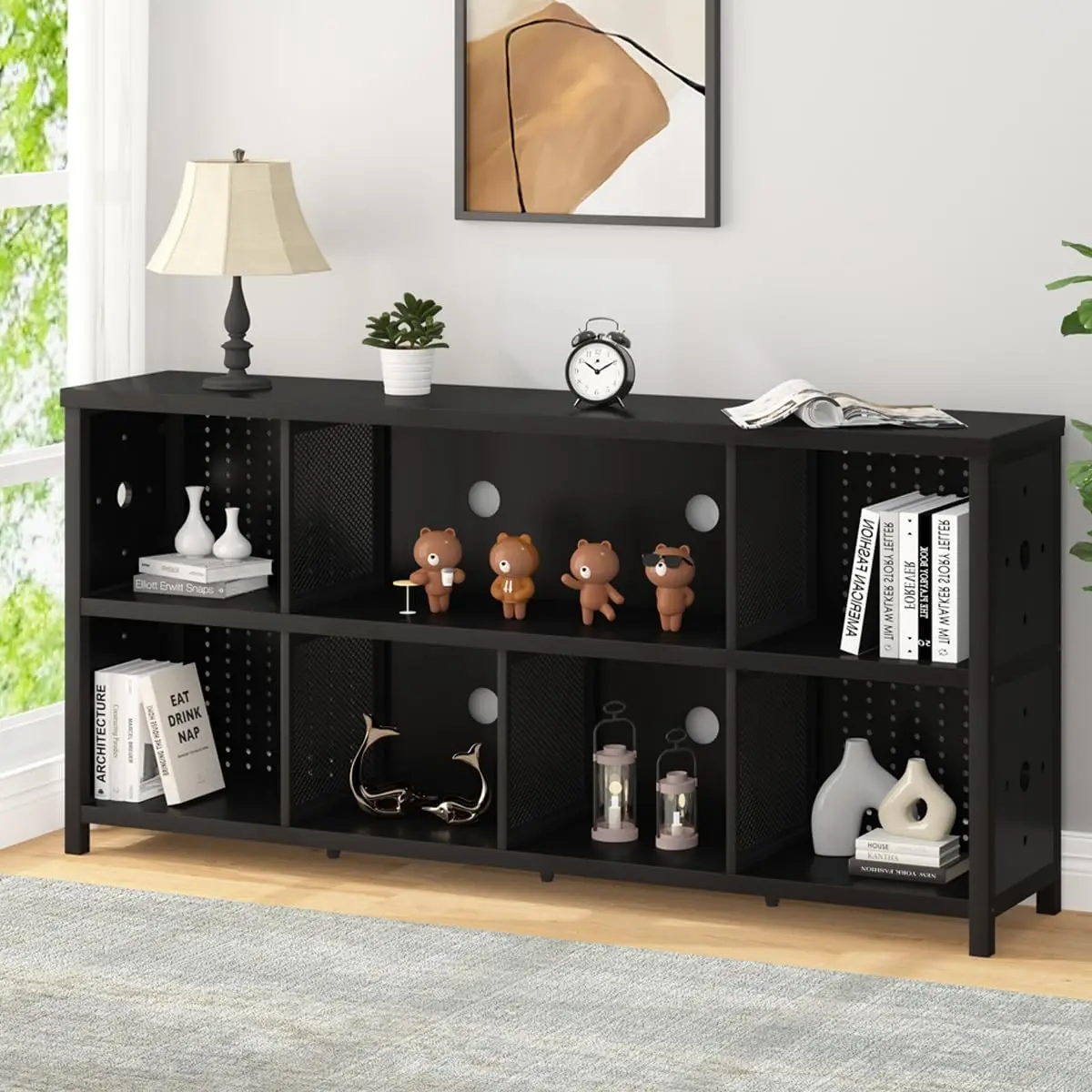 Horizontal Bookshelf,Cube Storage Organizer , Industrial Wide Long Wood Metal , Low Large Cube for Office Home, Black Oak, 63 In