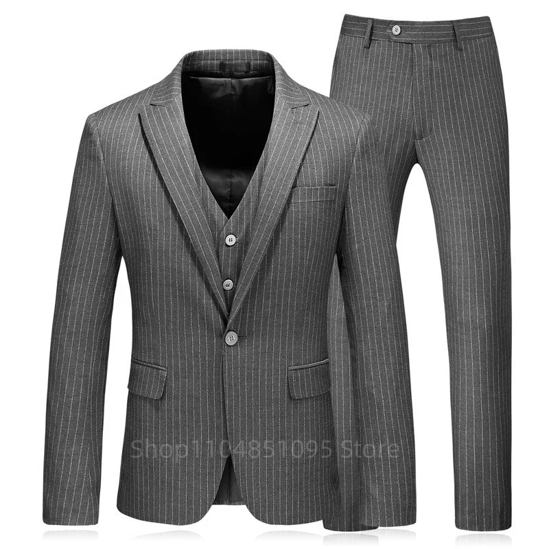 

3 Piece Gray Striped Men Suits Slim Fit Peak Lapel Single Breasted Blazer Wedding Groom Tuxedos Business Set (Jacket+Vest+Pants)
