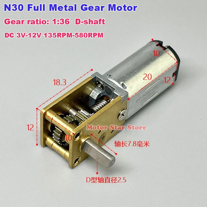 

Mini N30 Full Metal Gearbox Gear Motor DC 3V-12V 135RPM-580RPM Slow Speed Large Torque Reduction Motor Right Angle D-shaft Robot