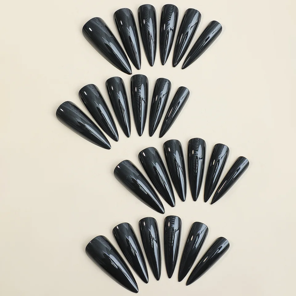 Transforma tus uñas con 24 piezas de uñas postizas extra largas en forma de estilete, estilo francés moderno y clásico, color negro sólido, cobertura completa 3