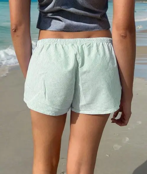Summer Casual Vacation Striped Shorts for Women, Casual and Comfortable, Lace Up Striped Printed Loose Straight Shorts