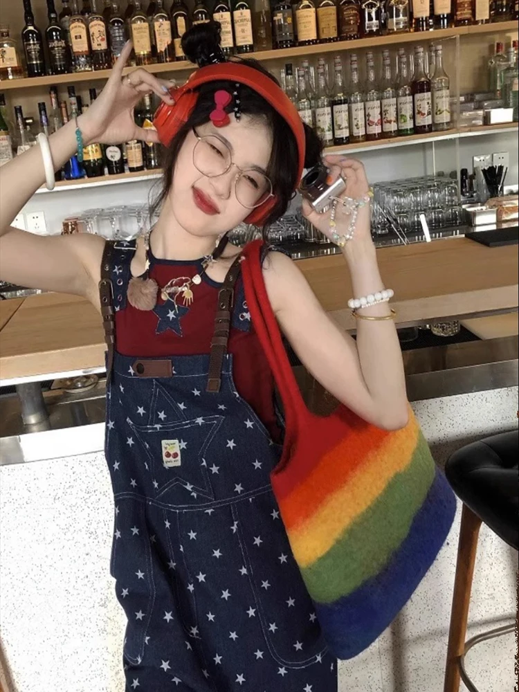 

Cowboy overalls women's summer thin new design sense small body splicing star printing high waist straight leg wide leg pants