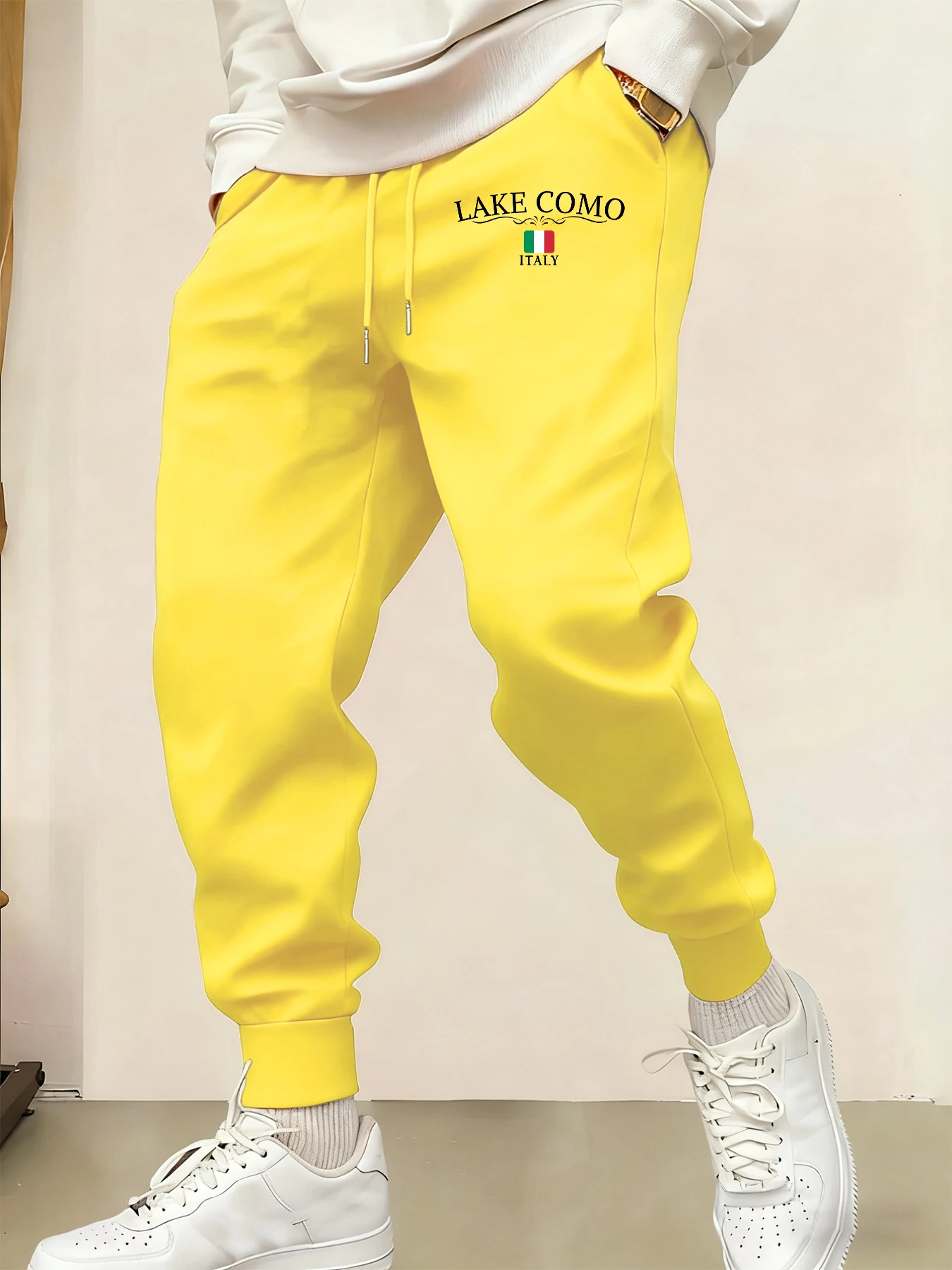 

Lake Como Italia Letter Printing Men Autumn Sweatpants Trendy Casual Trousers Drawstring Pockets Sweatpant Fleece Jogging Pants