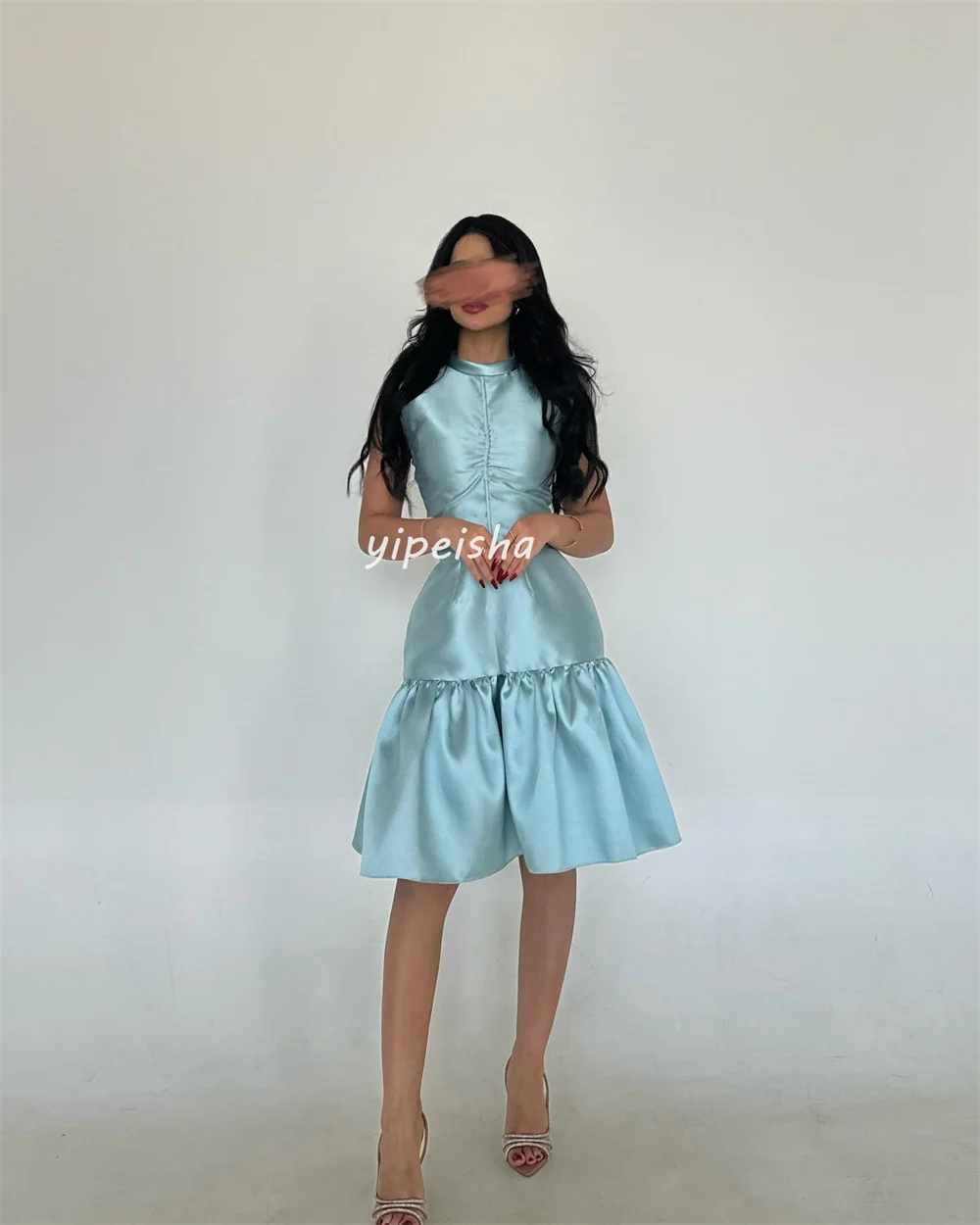 カスタマイズされたファッションサイズが利用可能 プリーツ シャーリング ドレープ Aライン ハイカラー 膝丈ドレス オーダーメイド オケージョンドレス フォーマル